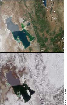 Salt Lake seasonally displays dry browns and snowy whites.